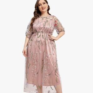 Pink Embellished Puff Sleeve Midi Gown